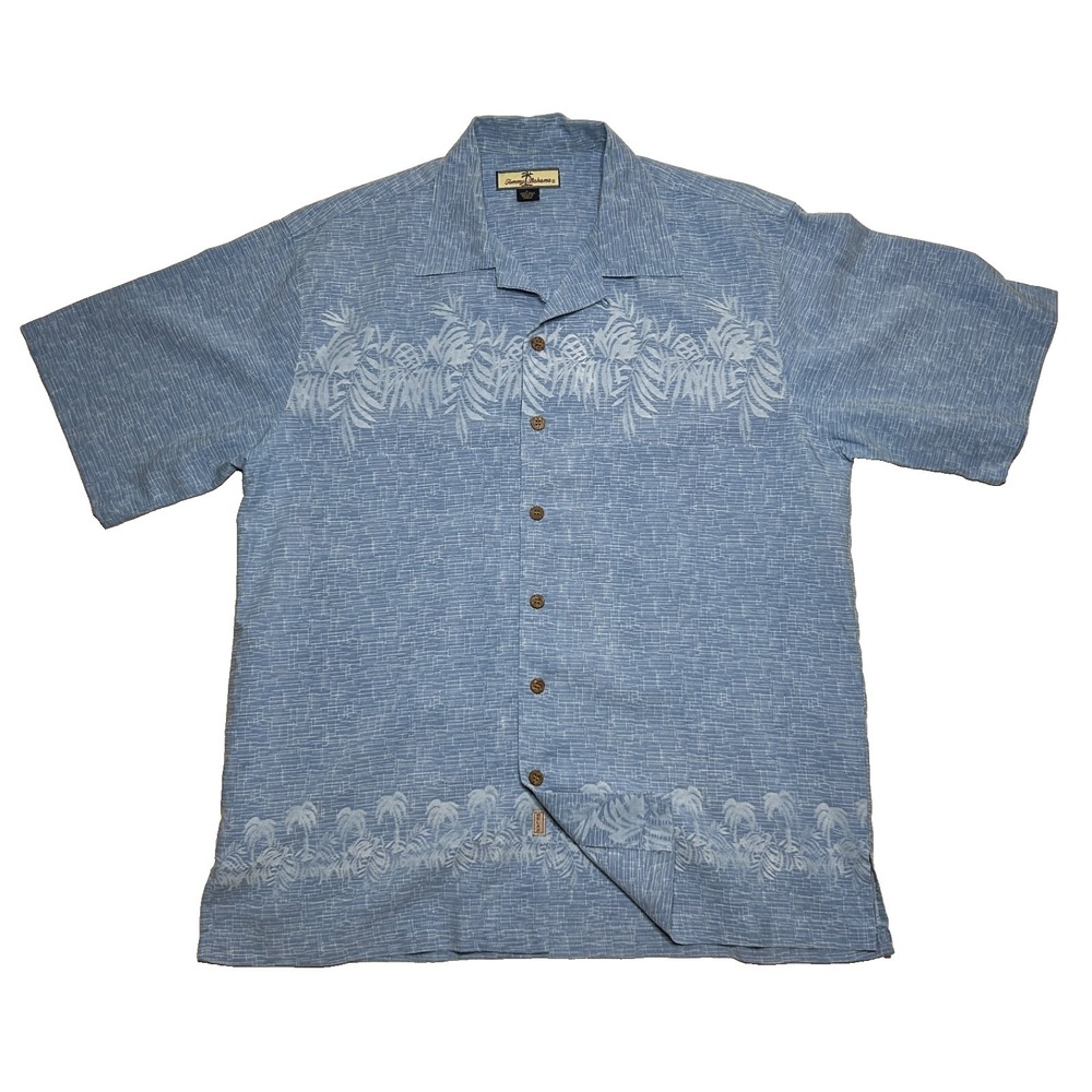 Tommy Bahama Short‎ Mens L Short Sleeve 100% Silk Blue Palm Trees Beach Tropical